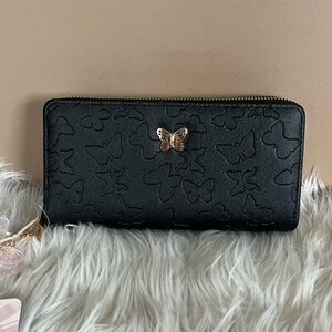 {Blush Kiss} Double Zipper Long Wallet in Black Embossed Butterfly - NWT